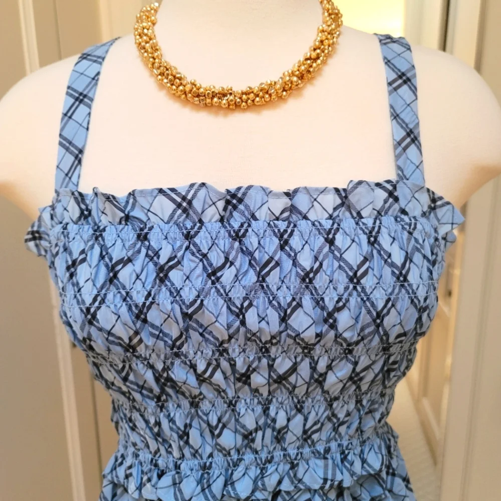 New! J Crew XL X-Large Blue Smocked tank in textured plaid NWT